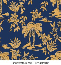 Seamless vector print designs with Hawaii, tropical, surf, palm tiki mask themed.