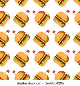 Seamless vector print with detailed grilled hamburger. repeat pattern with unhealthy delicious american food. stylized modern illustration on white background in flat style. Packaging for burger