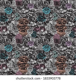 Seamless vector print. Print with donuts, baked goods, cupcakes and cookies.