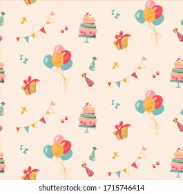 Seamless vector  print of festive attributes for a dog party. Flat background with cakes, balloons, presents, decoration, For printing on postcards, packaging. Isolated on beige, green,red,pink,yellow