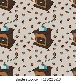 Seamless vector print with fresh coffee beans and handle grinder. Morning aroma pattern with seeds of coffee and coffeemaker. Flat illustration in hand drawn style on brown background. Packaging