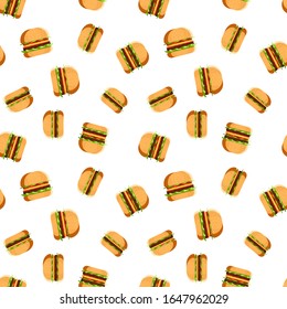 Seamless vector print with fried appetizing veggie burger detailed. endless pattern with lettuce, bread. ornament illustration on white background in cartoon style. Packaging for organic cafe menu