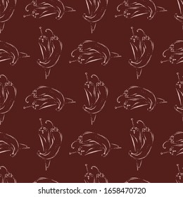 Seamless vector print with Mexican chile peppers.  stylized repetitive pattern with chilli, jalapeno. decorative illustration on maroon background in hand drawn style. wrapping paper summer design
