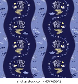 Seamless vector print with a paper boat and natural motifs.