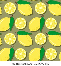 Seamless vector print pattern wallpaper illustration with lemons fruit fresh vegetarian plant 