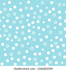 Seamless vector print with peas. Chaotic white circles on a blue background. Polka dot background. Template for packaging, notebooks, cards, wallpaper, textiles and other uses.