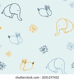 Seamless vector print with rabbit, elephant, stars. Vector, linear pattern with animals on a gentle blue background for packaging, gifts, clothes. Ideally fashionable texture for baby fabrics, textile