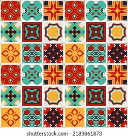 Seamless vector print with square tiles. Background in patchwork style. Mosaic with geometric ornament. Design for textiles, ceramics, paper and other surfaces. 
