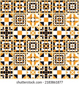 Seamless vector print with square tiles. Background in patchwork style. Mosaic with geometric ornament. Design for textiles, ceramics, paper and other surfaces. 