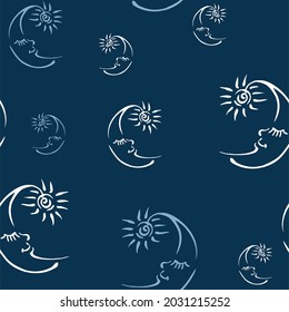 Seamless vector print of the starry sky and month on a blue background. Pattern for packaging, gifts, clothing. Ideally fashionable texture on the theme of sleep for children's fabrics, textiles.