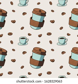 Seamless vector print with takeaway coffee or tea paper cup and coffee beans. 