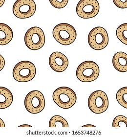Seamless vector print with traditional Ukrainian pastry wheat cuisine. endless pattern with Russian ring-shaped sushki, baranka, bublik. Flat illustration on white background in hand drawn style