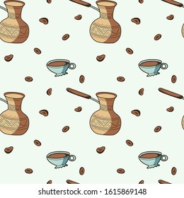 Seamless vector print with turkish coffee cezve. Flat illustration on light background in hand drawn style. Traditional coffee cooking and fresh americano, espresso, doppio, package design for cafe