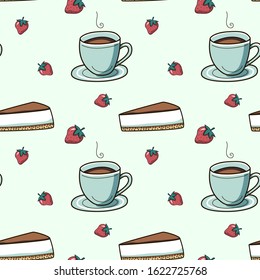 Seamless vector print with yummy berry, dessert and ceramic coffee mug. Aroma pattern with teacup. Flat illustration in hand drawn style on mint background. Packaging design for cafe and coffeehouse
