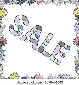 Seamless. Vector. Promotional design for banner on website, clothes store. Pictures in neutral, white and gray colors. Art illustration of logotype for sale, give away, discount, sell out, clearance.