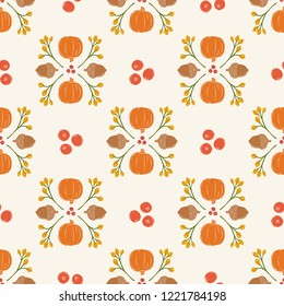 Seamless Vector Pumpkin, Acorn, Cranberry Damask in Bright Orange, Brown, Goldenrod, & Red. Great for Thanksgiving, seasonal, kitchen, & home decor, invitations, wallpaper, crafting, fabric, textiles.