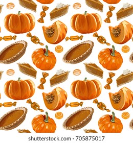 Seamless Vector Pumpkin Pie With Candies Pattern
