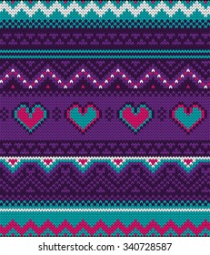 Seamless vector purple and blue, pink pattern knitted texture with hearts and ethnic elements