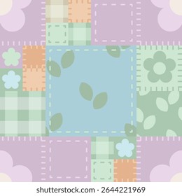 Seamless vector quilt pattern pastel colored squares with delicate stitches and simple flower shapes, creating a playful patchwork or quilting