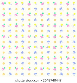 Seamless vector rain cloud and sun pattern, cloudy sky, lightning, modern extreme weather. Design Vector