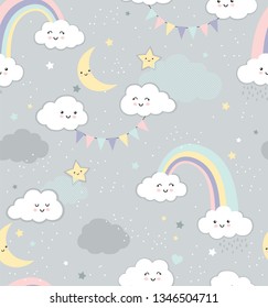 Seamless, vector rainbow cloud neutral sky vector pattern for babies