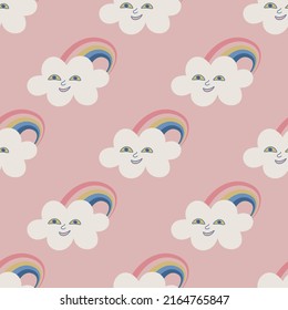 Seamless vector rainbow cloud pattern. Illustration of cloud with face. Background for design, fabric, textile, cover, wrapping.	