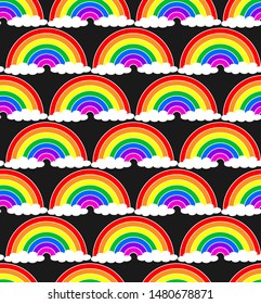 Seamless vector rainbow with clouds pattern. Repeat multicolor background. Cloudy rainbow weather wallpaper. 10 eps design for fabric, textile, cover, wrapping.