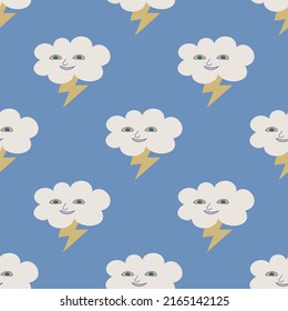 Patrón vectorial de nubes lluviosas sin foco. Ilustración de nube con cara. Fondo de diseño, tela, textil, cubierta, envoltura.	
