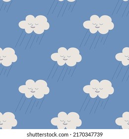 Seamless vector rainy cloud pattern. Illustration of cloud with face. Background for design, fabric, textile, cover, wrapping.	