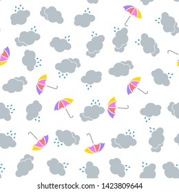 Seamless vector rainy pattern with clouds, rain drops and umbrellas. Wet weather background for fabric, textile, design, cover, banner. 