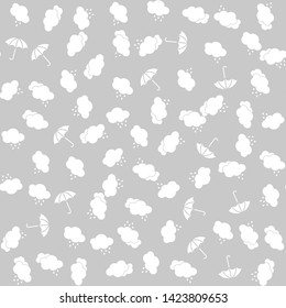 Seamless vector rainy pattern with clouds, rain drops and umbrellas. Wet weather background for fabric, textile, design, cover, banner. 