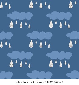 Patrón de nubes lluviosas vectoriales sin foco. Ilustración de caídas de lluvia con cara. Fondo de diseño, tela, textil, cubierta, envoltura.