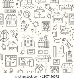 Seamless vector real estate line style pattern. Black on white linear background with sale and rent buildings, house, flat and room.