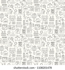 Seamless Vector Real Estate Line Style Pattern. Black On White Linear Background With Sale And Rent Buildings, House, Flat And Room.