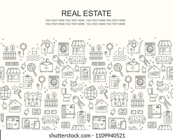 Seamless Vector Real Estate Line Style Pattern With Plce For Text. Black On White Linear Background With Sale And Rent Buildings, House, Flat And Room.