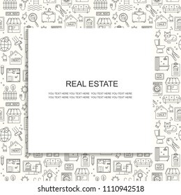 Seamless vector real estate line style pattern with plce for text. Black on white linear background with sale and rent buildings, house, flat and room.