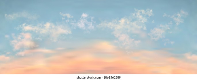 Seamless vector realistic sunset sky. Long length horizontal background with beautiful light clouds on it. 3D rose, blue, orange and red vector skyscape pattern. Backdrop for your work