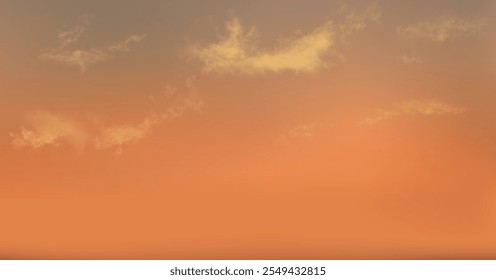 Vector sin fisuras cielo realista de la puesta del sol. Largo fondo Horizontal con hermosas nubes de luz en él. Patrón de paisaje 3D rosa, rojo, naranja y amarillo. Telón de fondo para su trabajo.