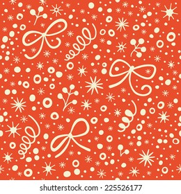 Seamless vector red background with ribbons, confetti and serpentine.