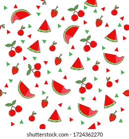 Seamless vector of red fruits : watermelon, cherry berry, strawberry. Summer time