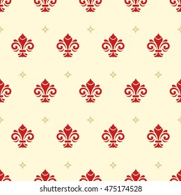 Seamless vector red and golden ornament. Modern geometric pattern with royal lilies