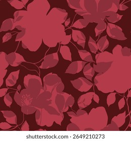 Patrón de hojas de flores rojas y rosadas de Vector sin costuras sobre fondo marrón