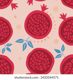 Seamless vector red pomegranate pattern illustration. Vector pomegranate pattern on pink background. Pomegranate wallapaper.