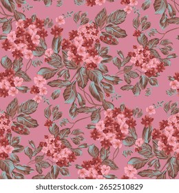 seamless vector red small stock flowers with brown leaves pattern on pink background