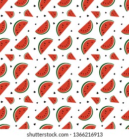Seamless vector red watermelon slices and black little hearts pattern, hand drawning. Fresh summer illustration. Perfect for fabric or wallpaper.