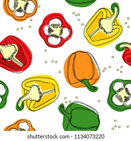 Seamless vector of red, yellow and green peppers. Hand drawing of bulgarian sweet peppers, paprika, peppercorns. Vector illustration isolated on white background.
