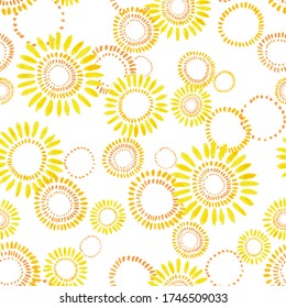 seamless vector repeat, abstract sun burst, sunshine pattern, in yellow and orange on a white background, vectorised watercolour