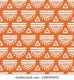 seamless vector repeat, abstract symbols in off white on a terra cotta background  