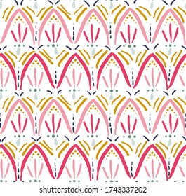 seamless vector repeat, abstract tribal design in graphic style with colours pink, navy and mustard, perfect for fabric, wallpaper and paper craft