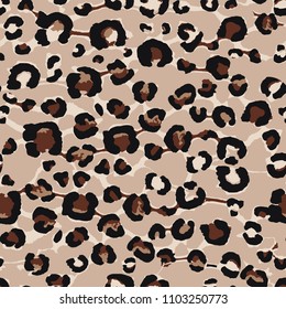 Seamless vector repeat animal leopard spots texture in black, brown, cream with a tan background. Great for textiles, fabric, paper, card design.